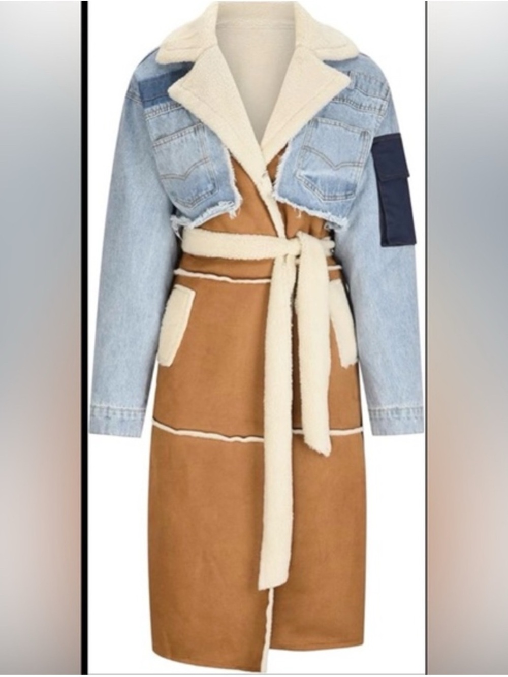 ๐ธNEW Mixed-Fabric Shearling Trim Trench Coat in Tan & Light Blue